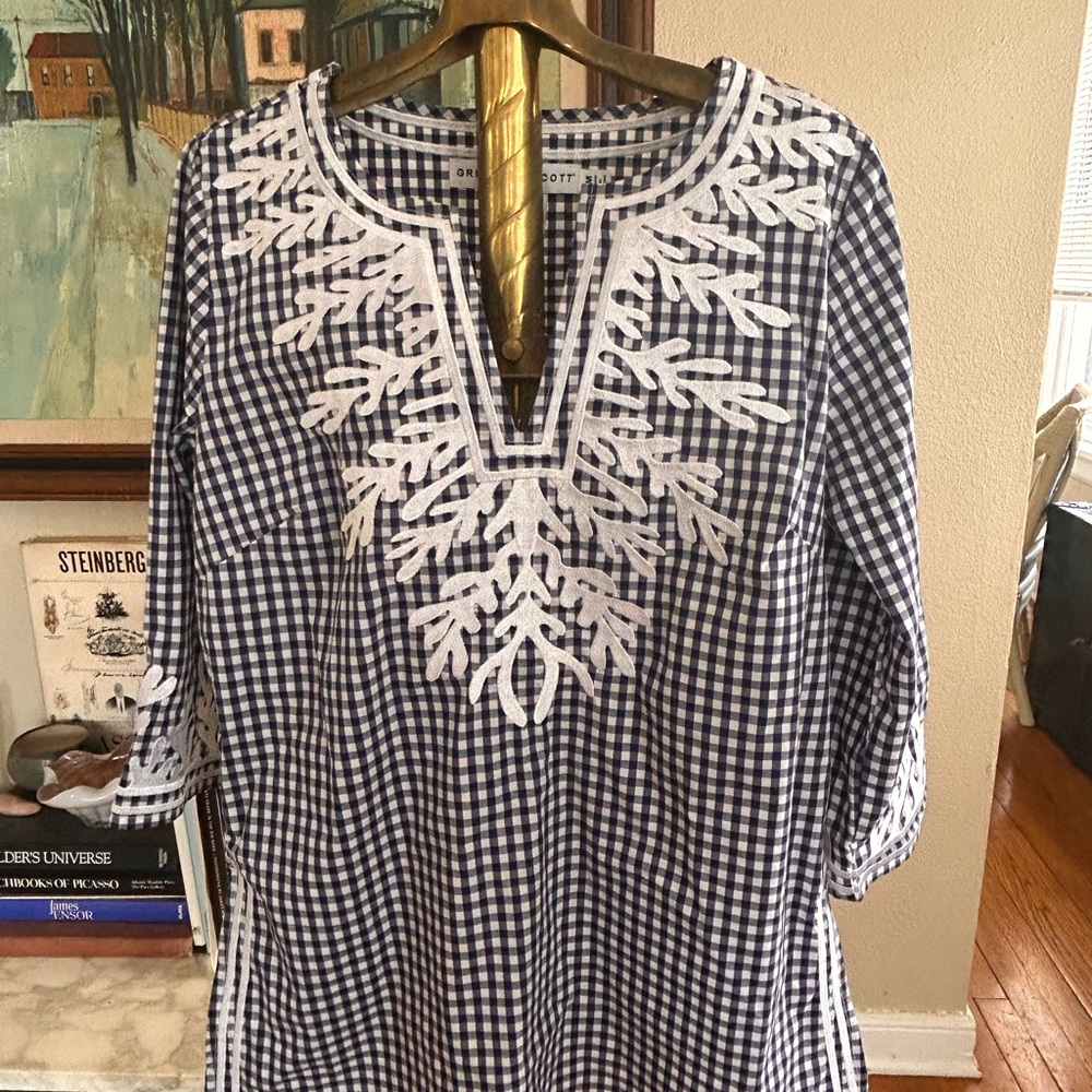 Gretchen Scott Navy and White Gingham Tunic Top